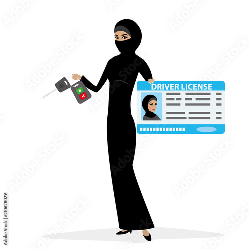 Arabic woman with driver license and with car key