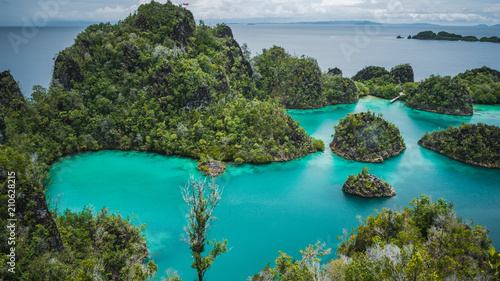 Blue bay with Pianemo island overgrown with jungle plants, surrounded by shallow blue ocean lagoon. View from the top viewpoint. Raja Ampat, West Papua, Indonesia