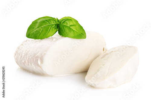 Mozzarella and basil isolated on white background.