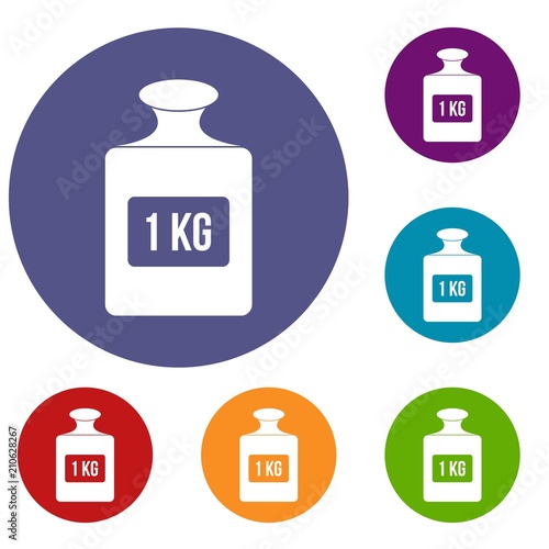 One kilogram weight icons set in flat circle red, blue and green color for web