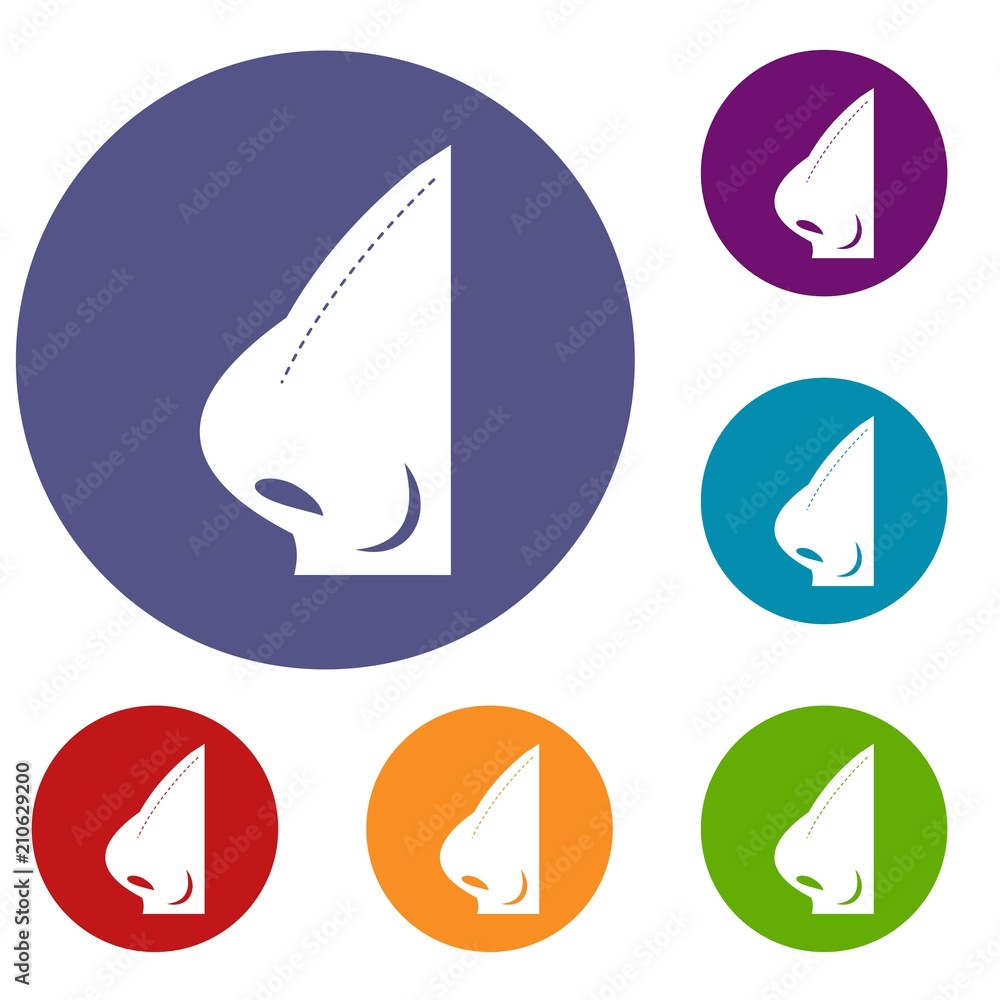 Rhinoplasty of nose icons set in flat circle red, blue and green color for web Rhinoplasty of nose icons set in flat circle red, blue and green color for web