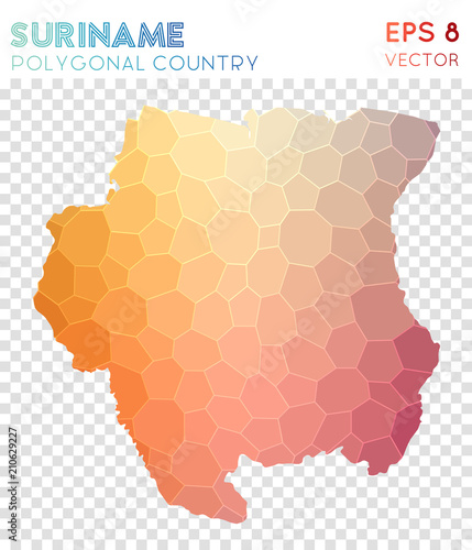 Suriname polygonal map, mosaic style country. Cool low poly style, modern design. Suriname polygonal map for infographics or presentation.
