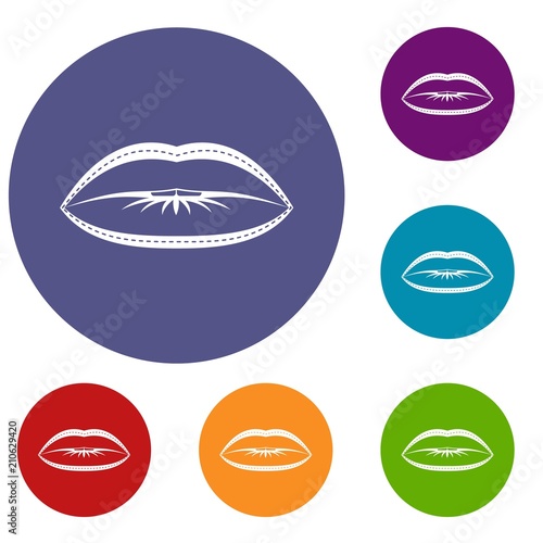 Lips with lines drawn around it icons set in flat circle red, blue and green color for web