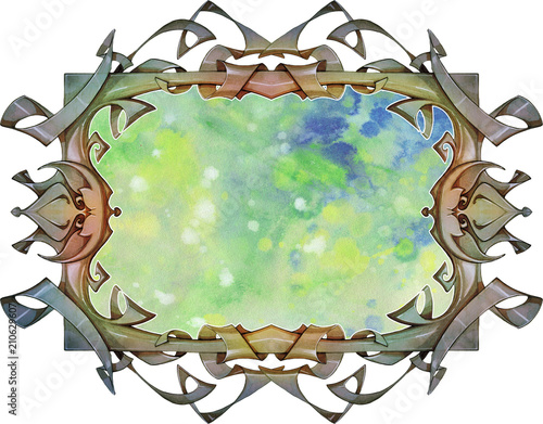 Fantasy hand drawn mixed media illustration of an ornamental decorative frame and a beautiful surreal background art behind it