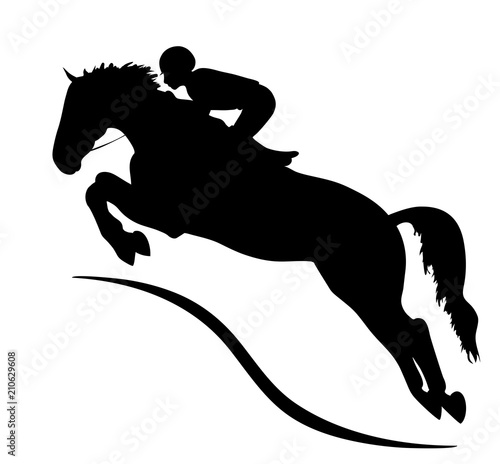 A silhouette of a rider jumping on a horse. Equestrian sport, show jumping, eventing.