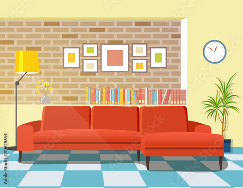 Living room with big sofa. Loft interior. Vector flat style illustration
