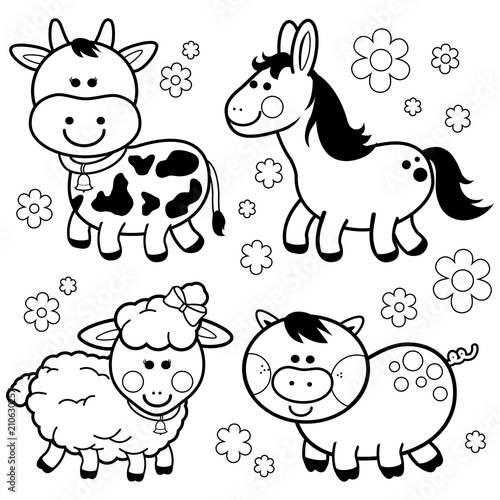 Collection of farm animals. Vector black and white coloring page.	