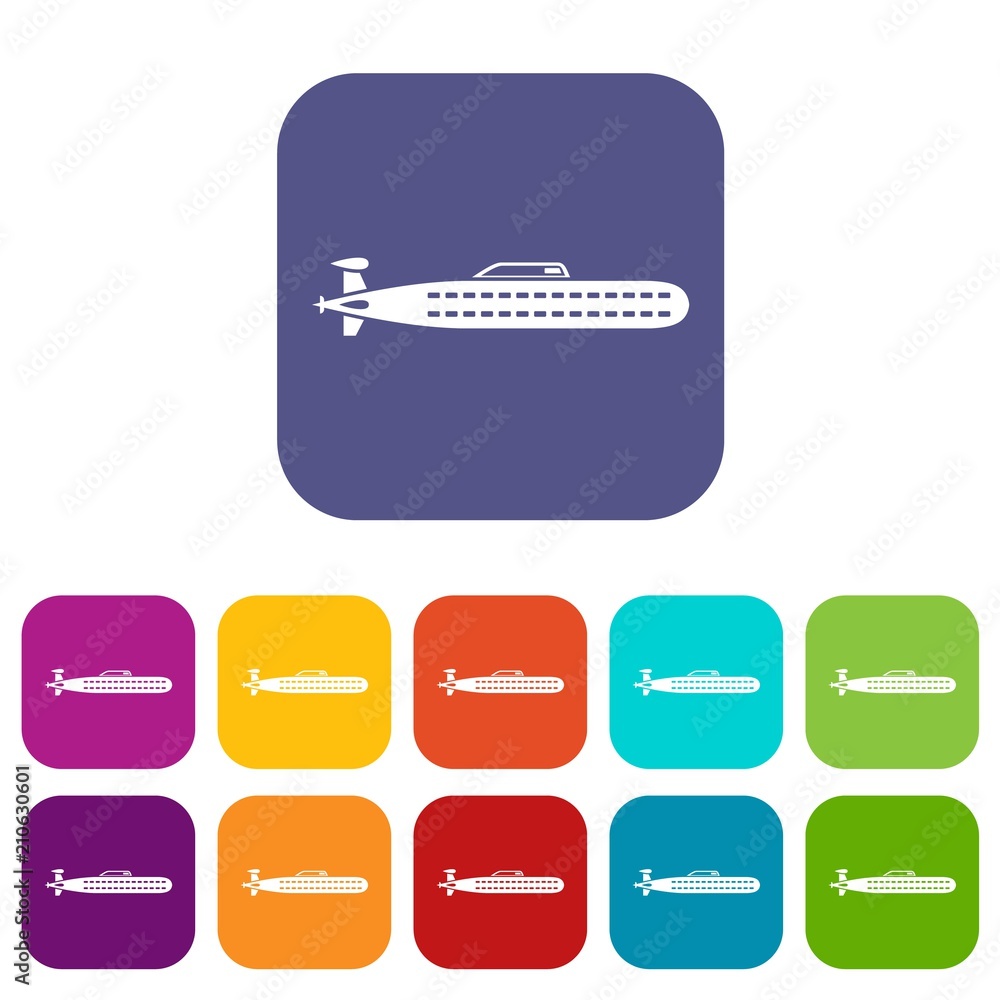 Submarine icons set vector illustration in flat style in colors red, blue, green, and other Submarine icons set vector illustration in flat style in colors red, blue, green, and other