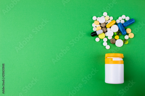 Medicine theme, tablets antibiotic pills. Pharmacy concept. Free space for text
