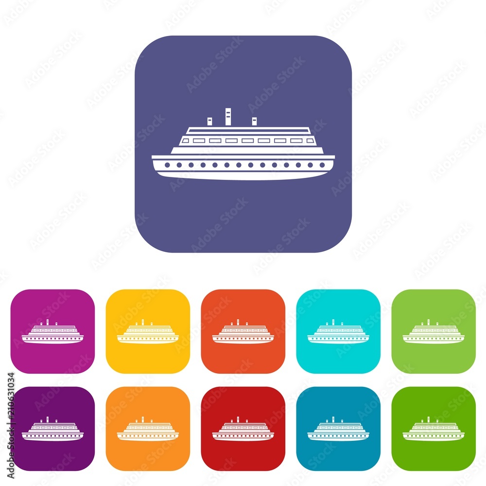 Long ship icons set vector illustration in flat style in colors red, blue, green, and other