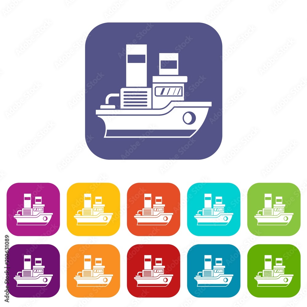 Small ship icons set vector illustration in flat style in colors red, blue, green, and other Small ship icons set vector illustration in flat style in colors red, blue, green, and other