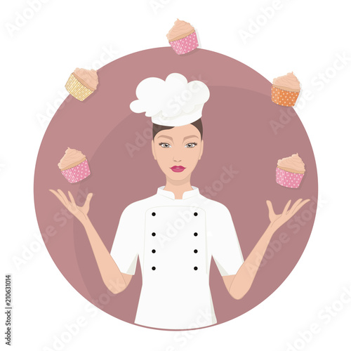 beautiful master chef woman juggles with cupcakes. concept vector illustration.