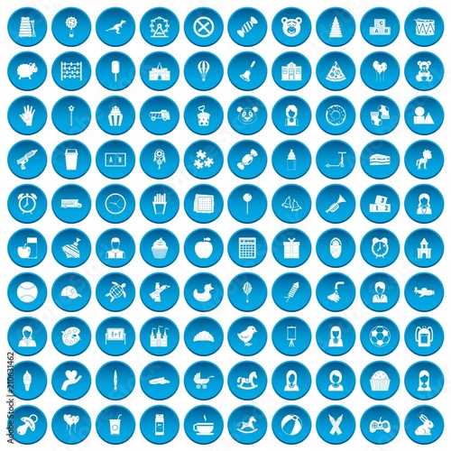 100 child center icons set in blue circle isolated on white vector illustration