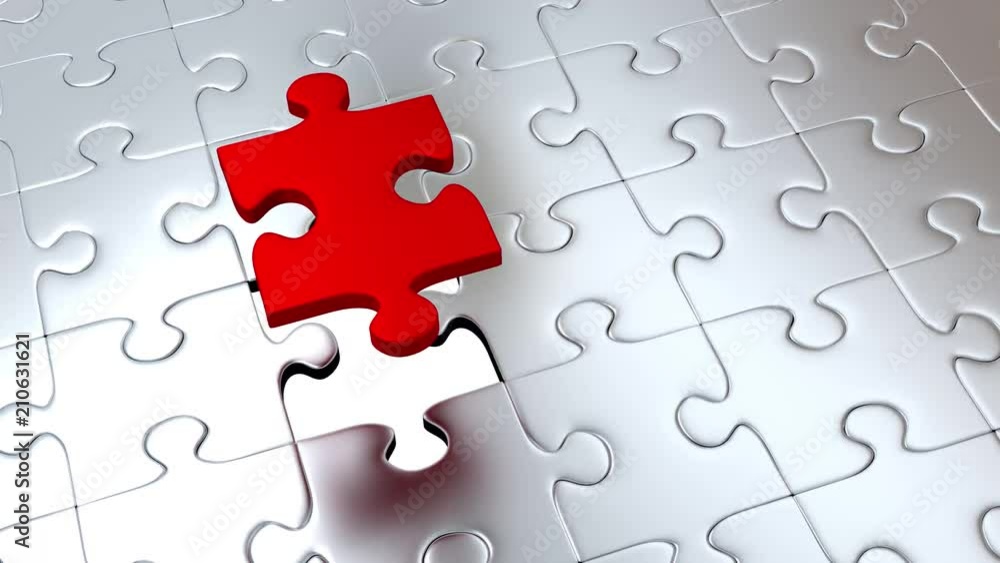 Rotation around One big Red Puzzle Piece above others Gray Pieces Rotation around One big Red Puzzle Piece above others Gray Pieces
