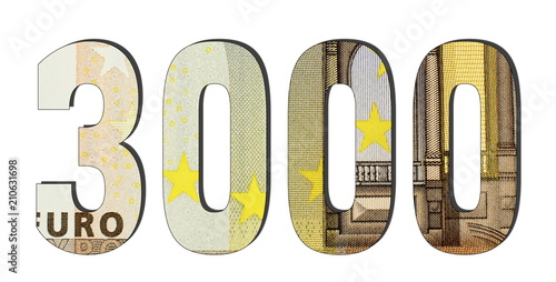 3000 3d Number. Euro banknotes. Money texture. Isolated on white background. Currencie of the European Union