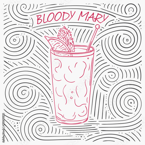 Summer Card With The Lettering - Bloody Mary. Handwritten Swirl Pattern With Cocktail In Glass.
