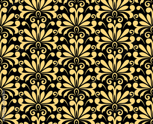 Wallpaper in the style of Baroque. Seamless vector background. Black and gold floral ornament. Graphic pattern for fabric, wallpaper, packaging. Ornate Damask flower ornament