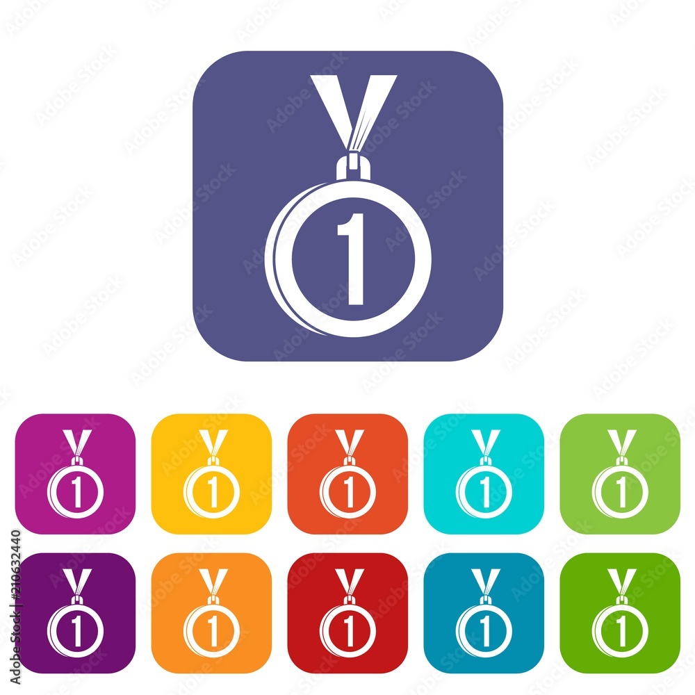 Medal for first place icons set vector illustration in flat style in colors red, blue, green, and other Medal for first place icons set vector illustration in flat style in colors red, blue, green, and other