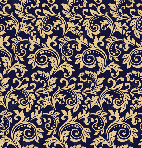 Wallpaper in the style of Baroque. Seamless vector background. Dark blue and gold floral ornament. Graphic pattern for fabric, wallpaper, packaging. Ornate Damask flower ornament