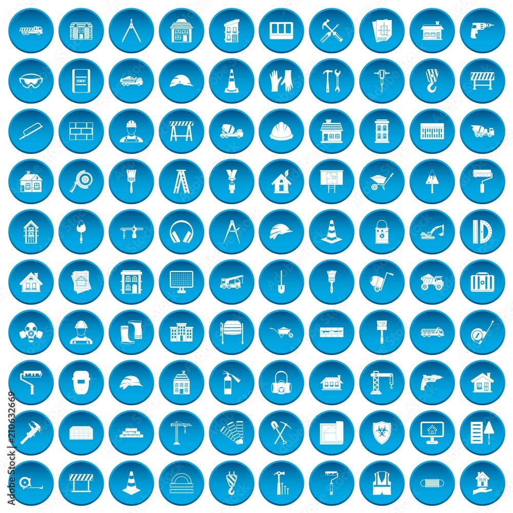 100 construction icons set in blue circle isolated on white vector illustration 100 construction icons set in blue circle isolated on white vector illustration