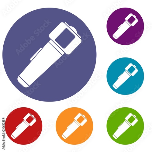 Hand flashlight icons set in flat circle red, blue and green color for web