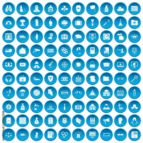 100 crime icons set in blue circle isolated on white vector illustration
