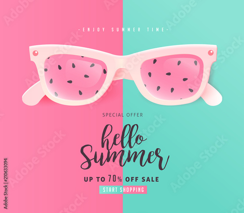 Summer sale bright Color background layout banners .Watermelon sunglasses concept.voucher discount.Vector illustration template.