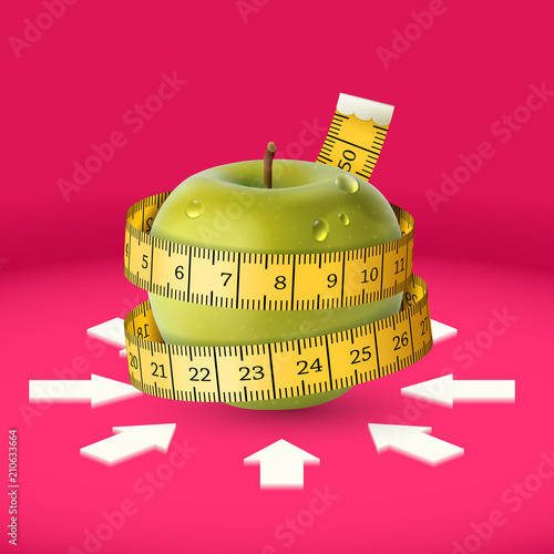 Green apple, yellow measuring tape, arrow. Diet