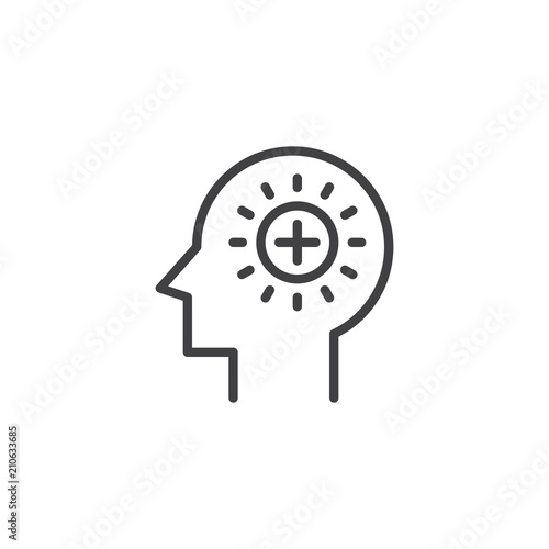 Plus signs in human head outline icon. linear style sign for mobile concept and web design. Positive think simple line vector icon. Symbol, logo illustration. Pixel perfect vector graphics