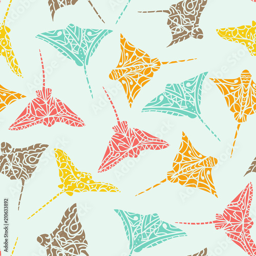 Seamless pattern with hand drawn vector cramp-fish zentangle doodle style. ethnic pattern, summer colors, bright and positive sea.