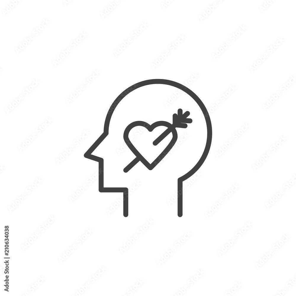 Human head with heart and arrow outline icon. linear style sign for mobile concept and web design. Passion mind simple line vector icon. Symbol, logo illustration. Pixel perfect vector graphics Human head with heart and arrow outline icon. linear style sign for mobile concept and web design. Passion mind simple line vector icon. Symbol, logo illustration. Pixel perfect vector graphics