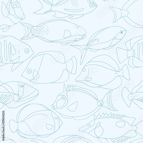 Pattern of tropical exotic blue contour fish on a blue background. Vector.