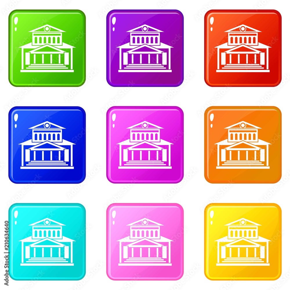 Theater building icons of 9 color set isolated vector illustration Theater building icons of 9 color set isolated vector illustration
