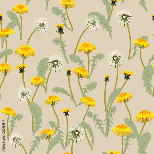 Trendy floral pattern of yellow dandelions flowers and green leaves.Outline botanical elements scattered random.Seamless vector texture for fashion prints.