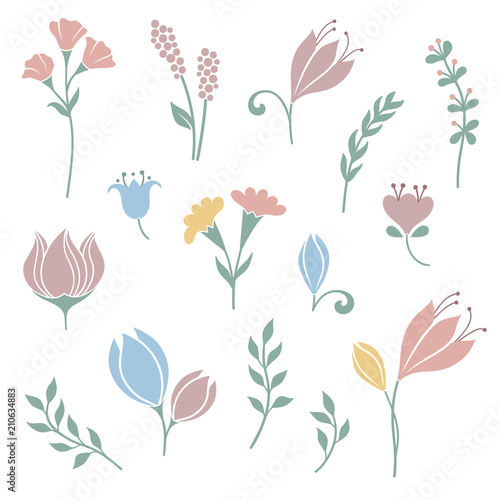 Set of cute flowers  grasses and floral design elements
