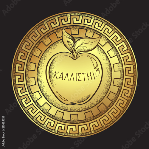 Golden apple of discord, hellenistic mythology, gift to a goddesses. Inscription on ancient greek says - For the fairest. Boho sticker, print or blackwork flash tattoo design vector illustration.