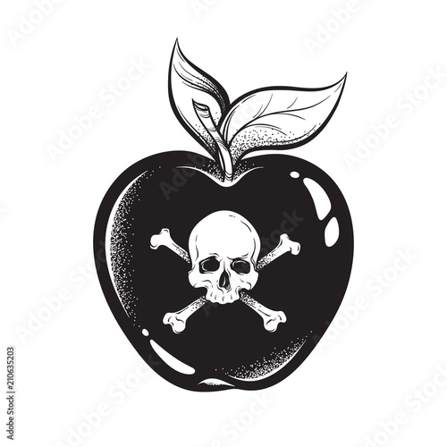 Poison apple line art and dot work hand drawn vector illustration. Boho style sticker, patch, print or blackwork flash tattoo design.