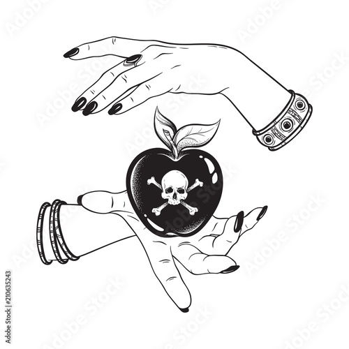 Poison apple in hands of witch line art and dot work hand drawn vector illustration. Boho style sticker, patch, print or blackwork flash tattoo design.