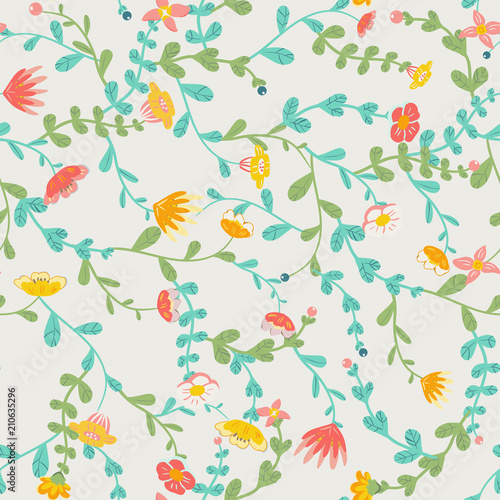 Meadow. Wildflowers pattern. Hand drawn Floral pattern. Seamless vector texture. Elegant template for fashion prints. Surface with meadow flowers and herbs. © taisiyakozorez