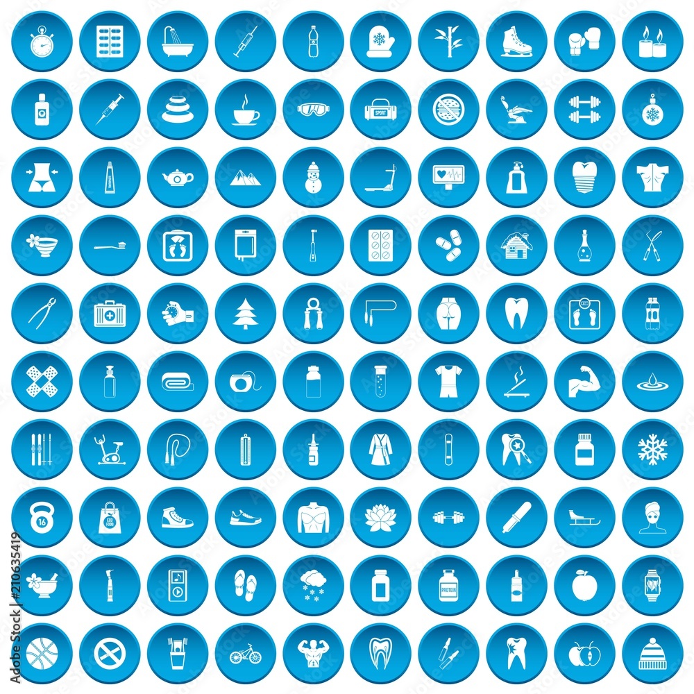 100 fit body icons set in blue circle isolated on white vector illustration 100 fit body icons set in blue circle isolated on white vector illustration