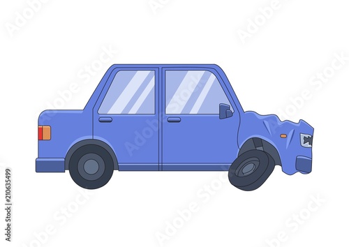 Smashed sedan car with dented front hood. Drive safe, don't drink. Flat vector illustration. Isolated on white background.