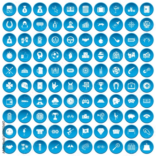 100 gambling icons set in blue circle isolated on white vector illustration