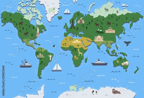 Fototapeta Naklejka Na Ścianę i Meble -  Stylized world map with tourist attraction symbols. Simple geographical map. Flat vector illustration.