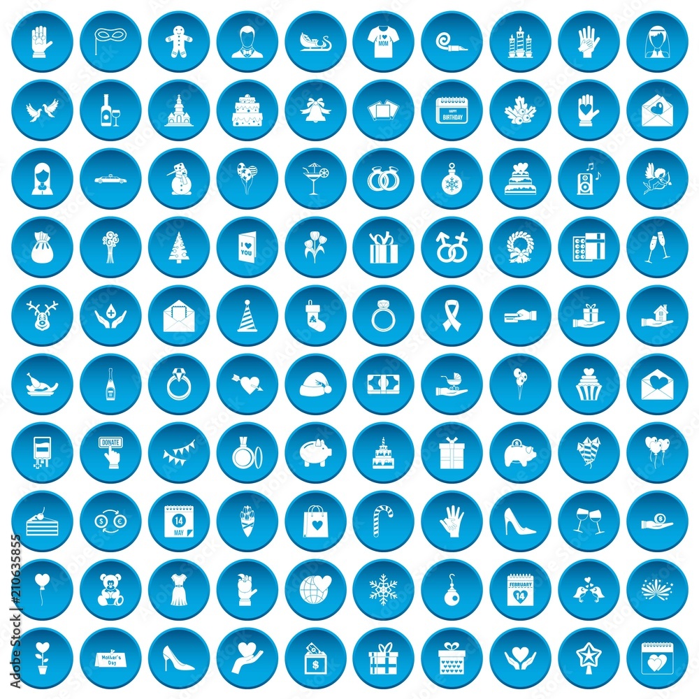 100 gift icons set in blue circle isolated on white vector illustration 100 gift icons set in blue circle isolated on white vector illustration