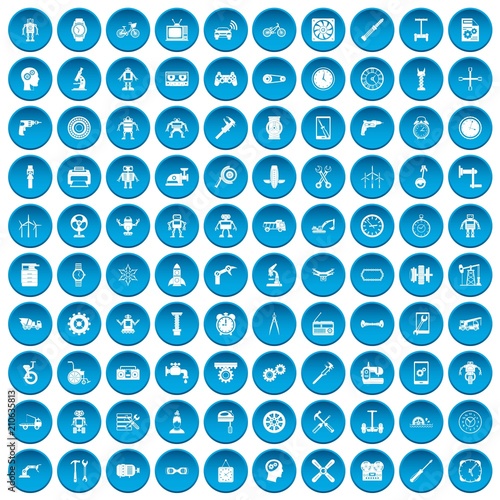 100 gear icons set in blue circle isolated on white vector illustration