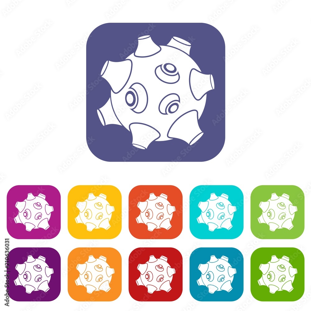 Moon with craters icons set vector illustration in flat style in colors red, blue, green, and other