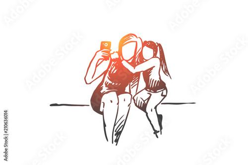 Selfie, mother, daughter, happy concept. Hand drawn isolated vector.