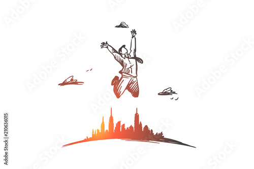 Freedom, businessman, work, happy, free concept. Hand drawn isolated vector.