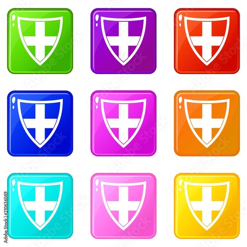 Shield for protection icons of 9 color set isolated vector illustration