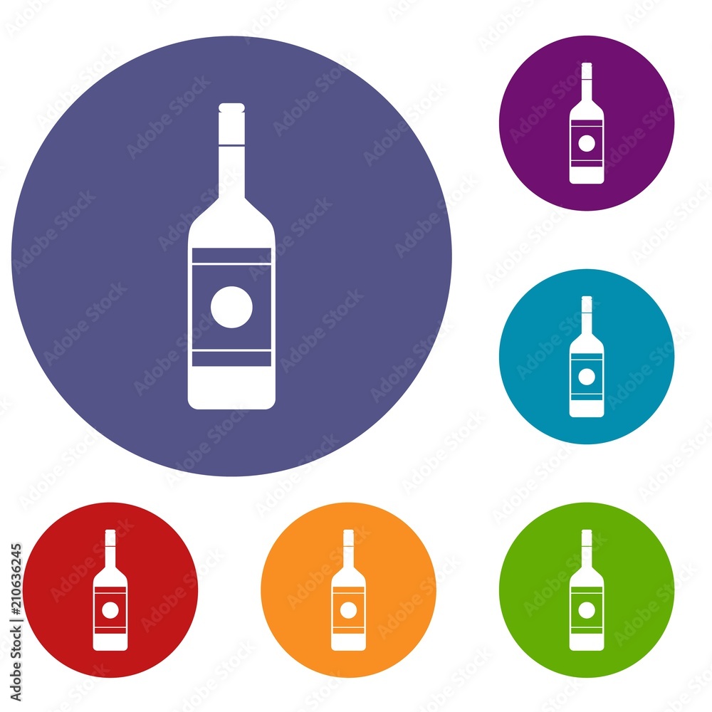 Vodka icons set in flat circle red, blue and green color for web Vodka icons set in flat circle red, blue and green color for web